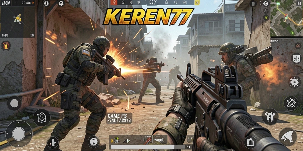 Screenshot utama KEREN77 menampilkan aksi intens dalam gameplay FPS.