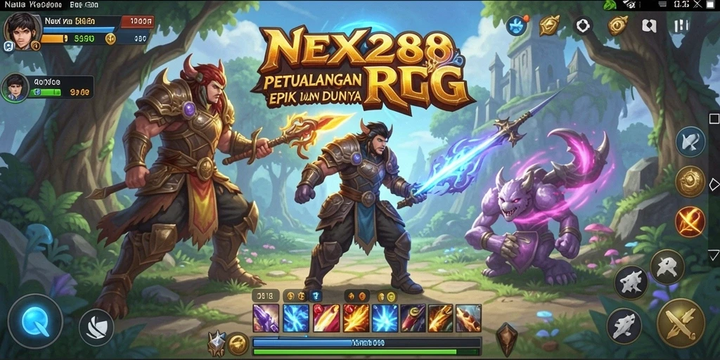 Screenshot gameplay NEX288 menunjukkan pertarungan seru di dunia RPG.