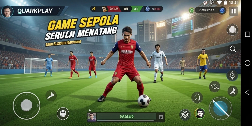 Tampilan gameplay menarik dalam QUARKPLAY dengan aksi sepak bola dinamis.