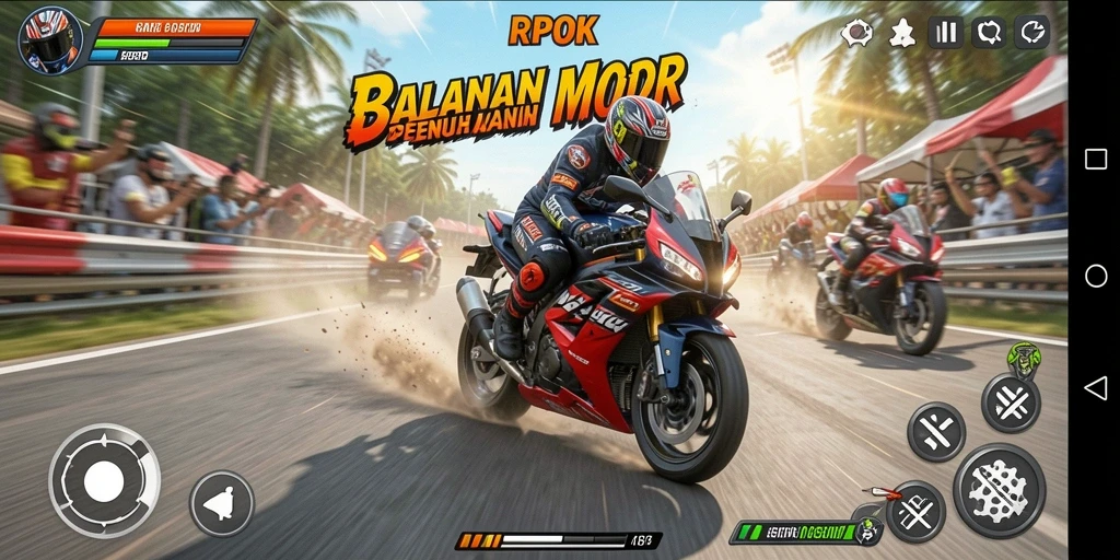 Tampilan utama gameplay RPOK menampilkan balapan motor yang seru.