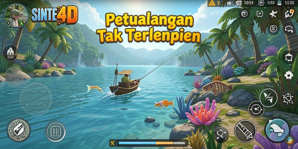 Tampilan gameplay SINTE4D saat memancing ikan di danau